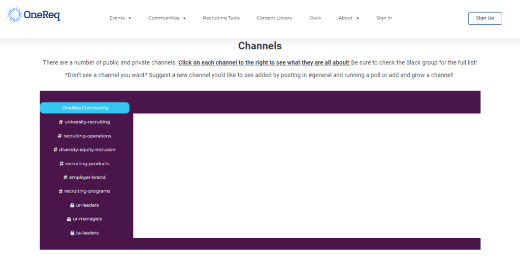 Slack channels of OneReq, an HR community