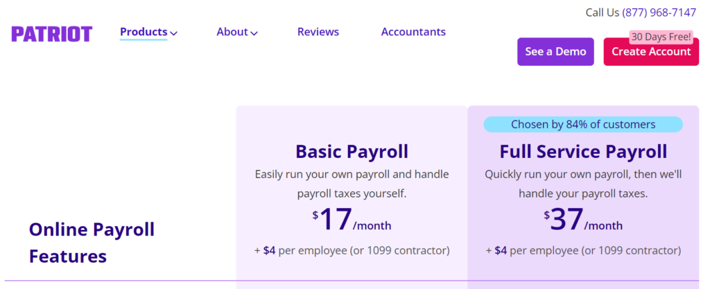 patriot software pricing screenshot
