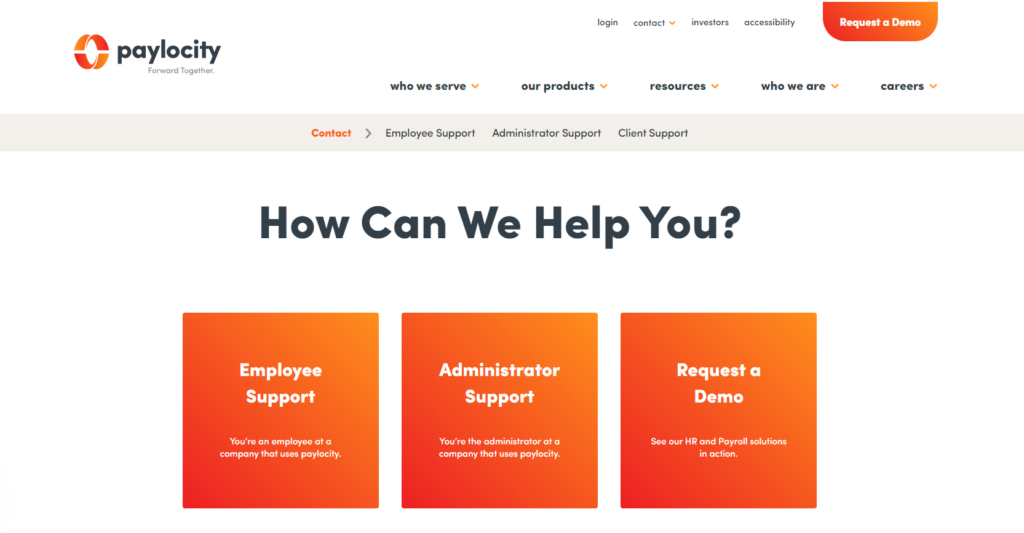 paylocity customer support screenshot