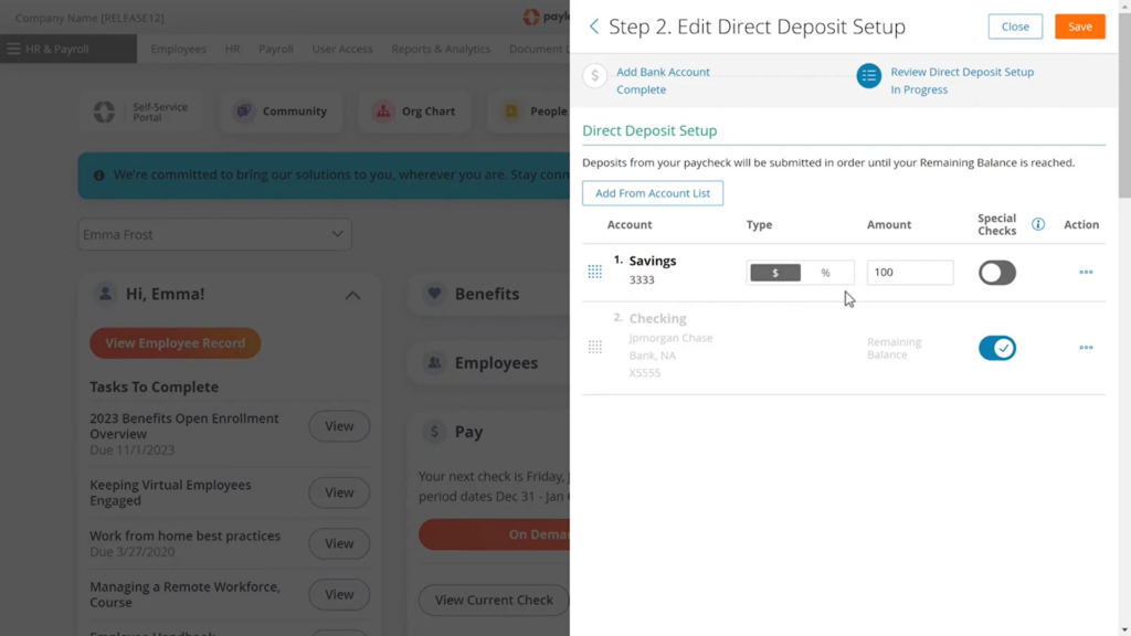 paylocity direct deposits screenshot