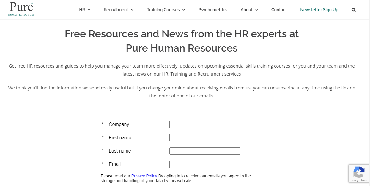 Pure Human Resources subscription page