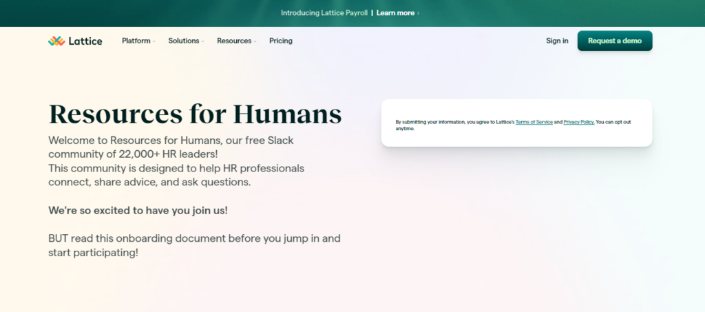 Website screenshot of Resources for Humans, an HR community