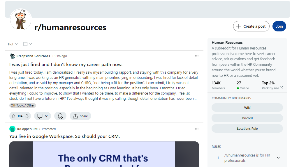 r/humanresources, a Reddit HR community