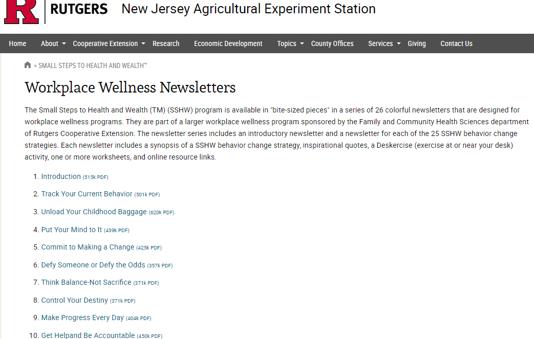 Rutgers Workplace Wellness Newsletters landing page screenshot