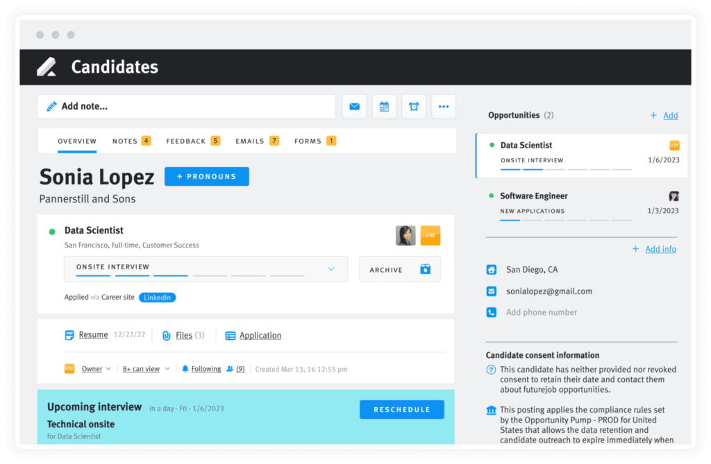 screenshot of applicant tracking system features for lever