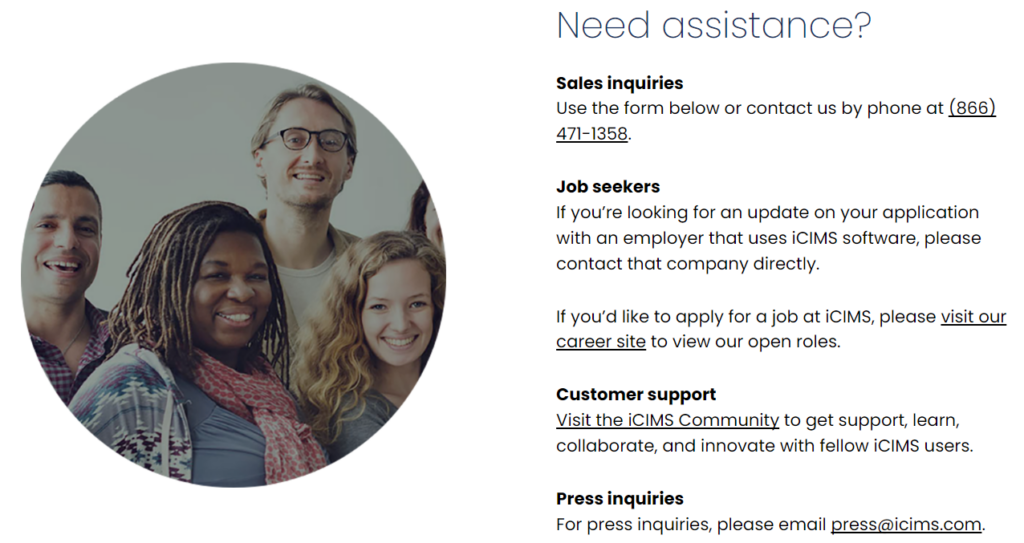 screenshot of icims customer support