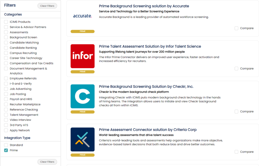 screenshot of icims integrations