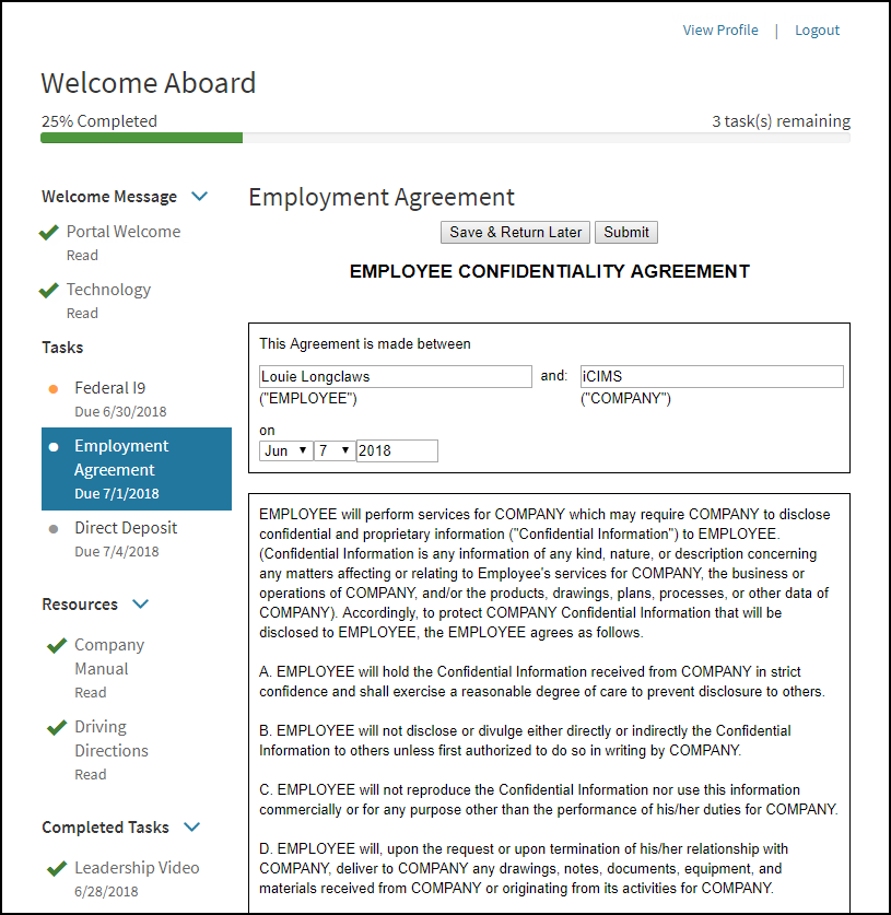 screenshot of icims onboarding