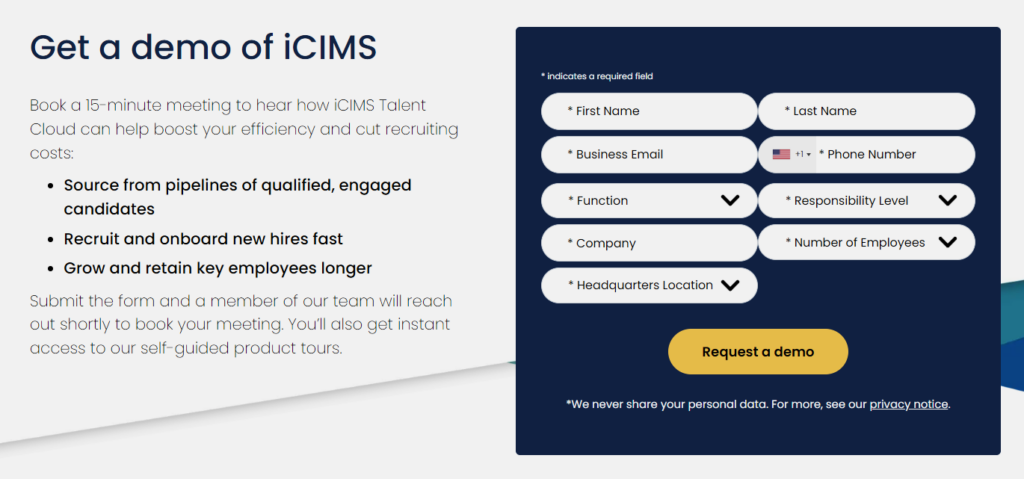 screenshot of icims pricing plans