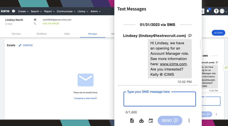 screenshot of icims text engagement