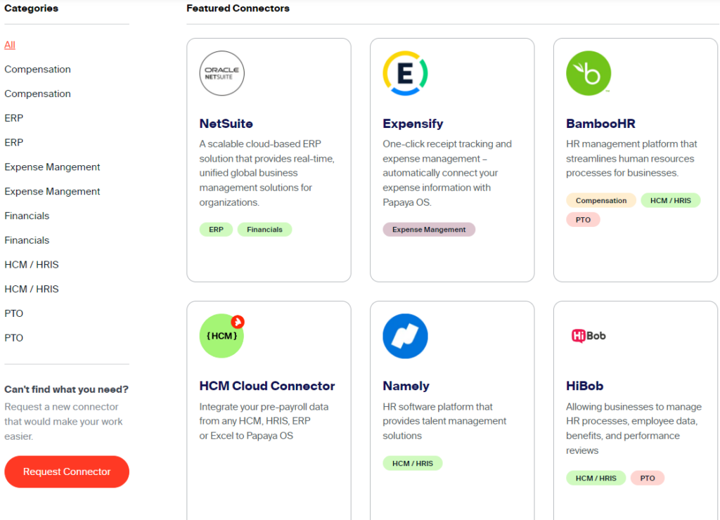 screenshot of papaya global integration capabilities