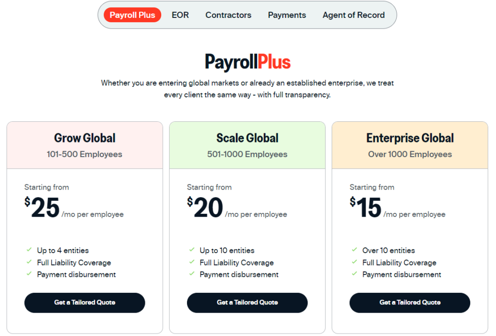 screenshot of papaya global plans and pricing tiers