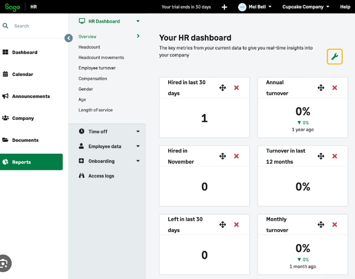 screenshot of sage hr dashboard