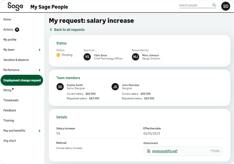 screenshot of sage hr employee database management system