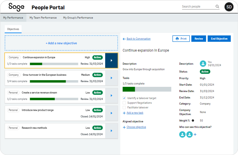 screenshot of sage hr performance management