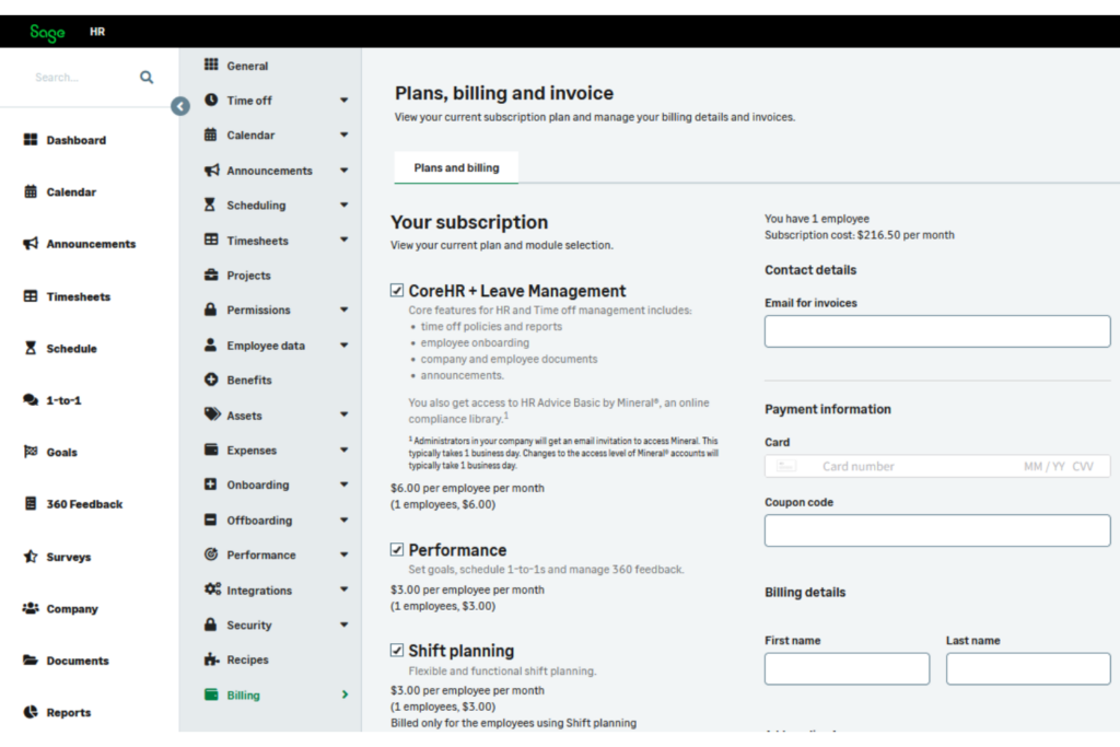 screenshot of sage hr pricing tiers