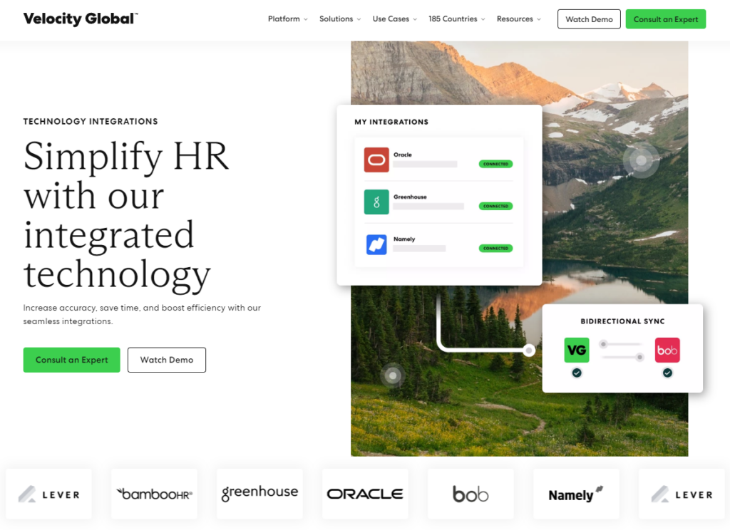 screenshot of velocity global integration capabilities