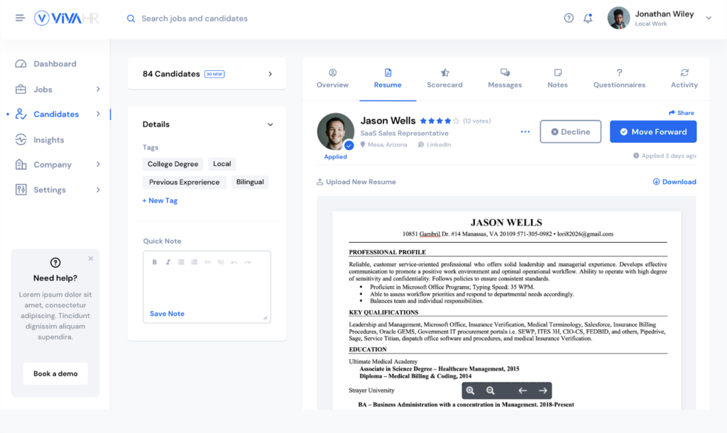 screenshot of vivahr applicant tracking