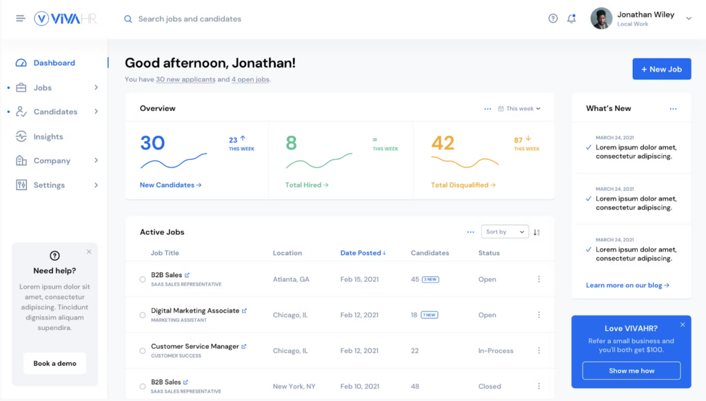 screenshot of vivahr dashboard