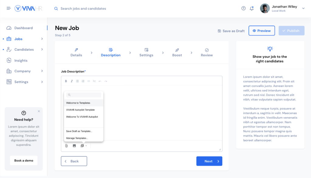 screenshot of vivahr job posting management