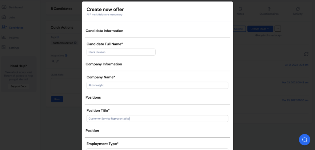 screenshot of vivahr offer management