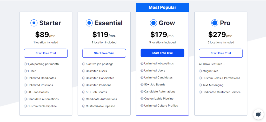screenshot of vivahr pricing plans