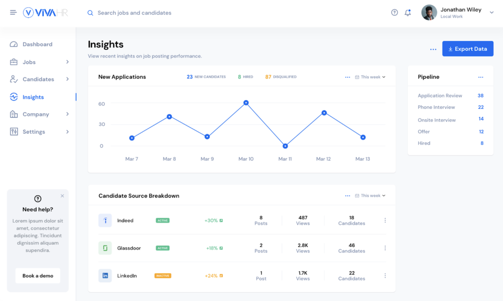 screenshot of vivahr recruiting analytics
