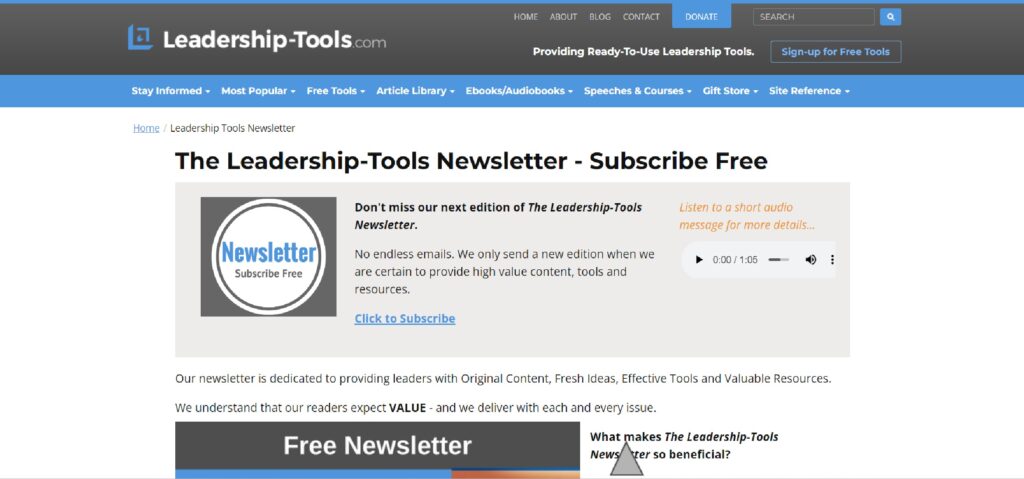 The Leadership Tools Newsletter subscription page