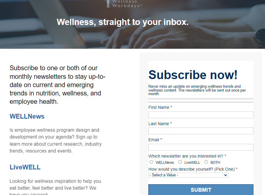 The Wellness Blog subscription page