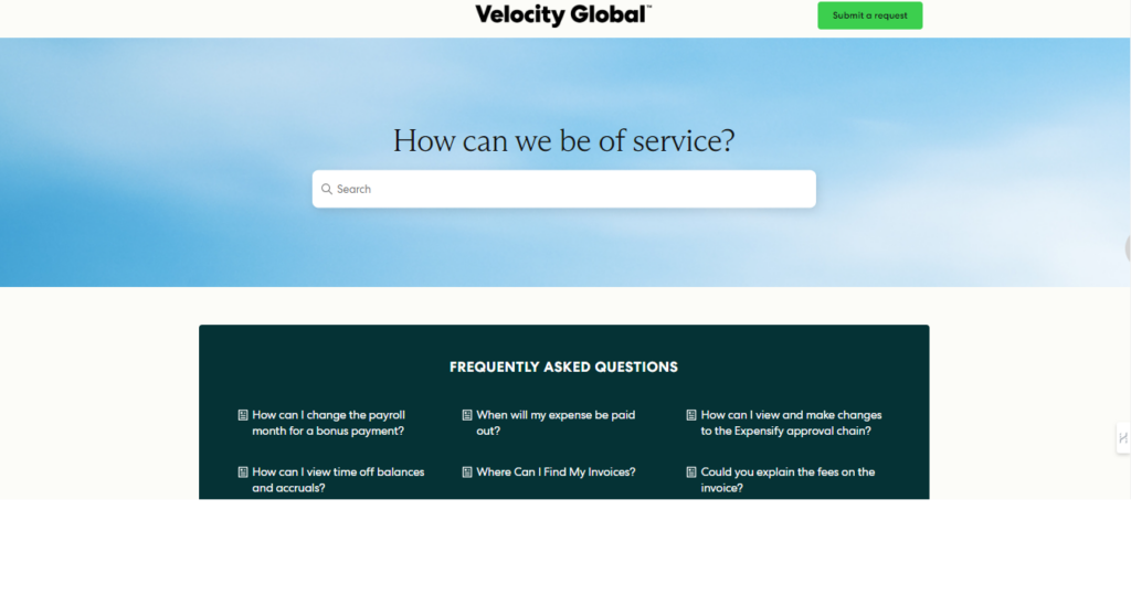 velocity global customer support screenshot