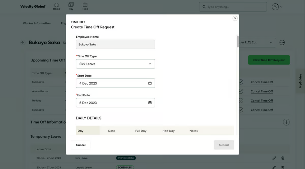velocity global leaves and time off management screenshot