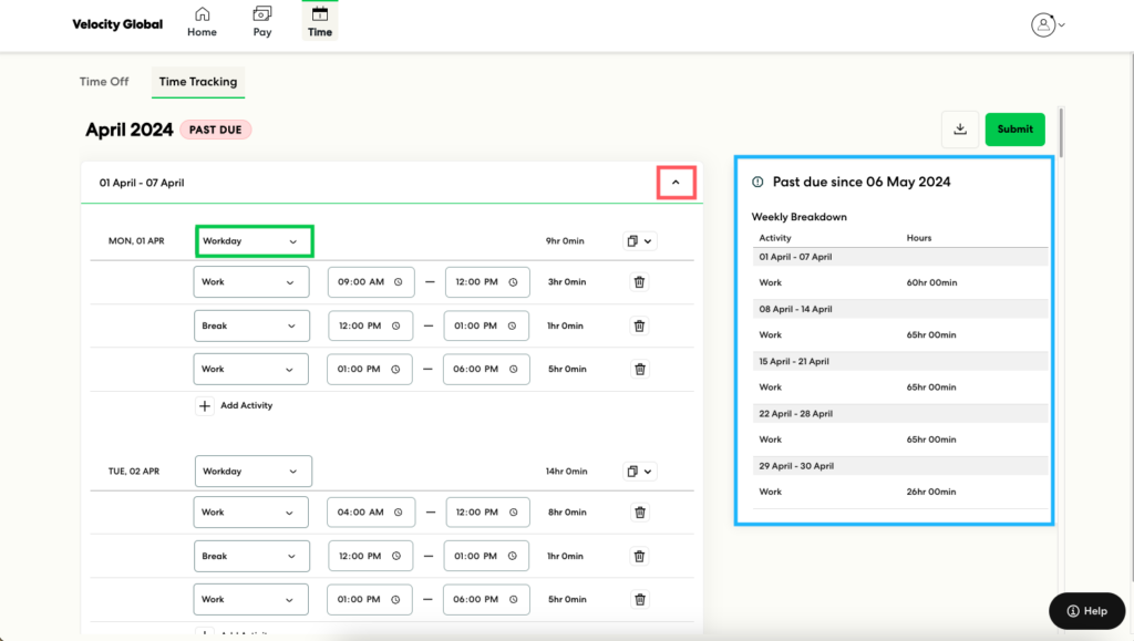 velocity global time tracking and workforce management screenshot