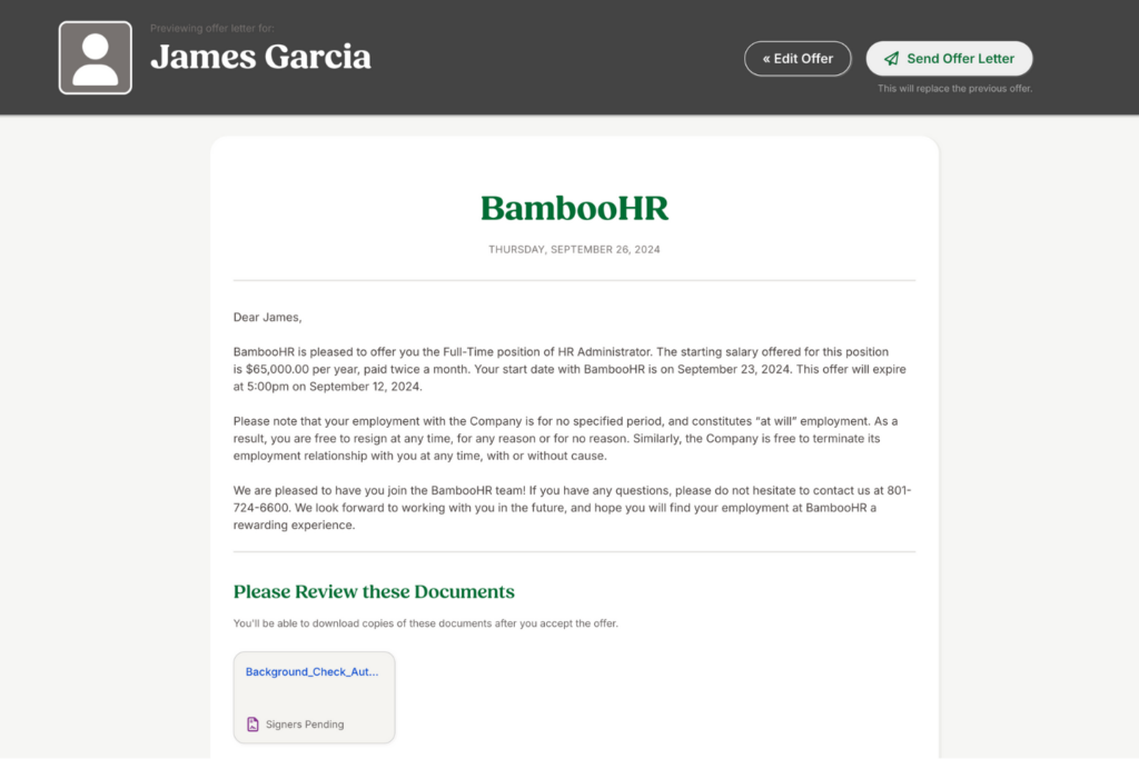 BambooHR offer letter template