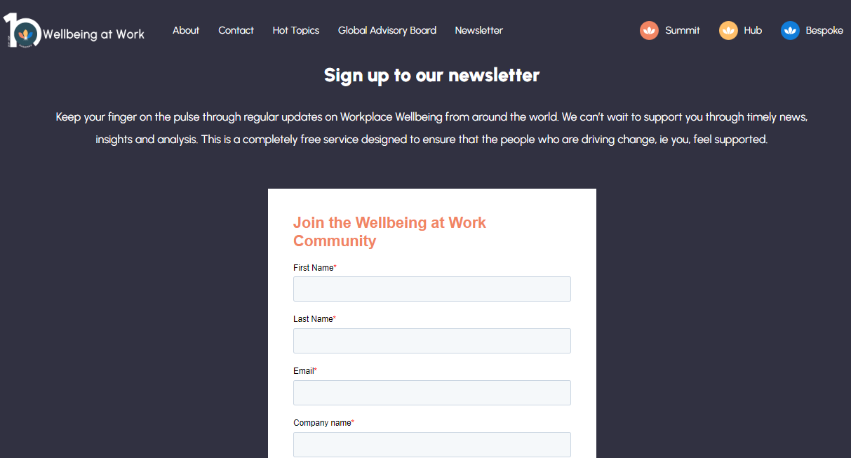 Wellbeing at Work Newsletter subscription page