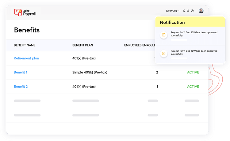 zoho payroll benefits management screenshot