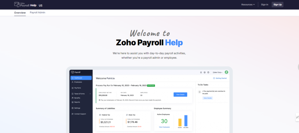 zoho payroll customer support screenshot