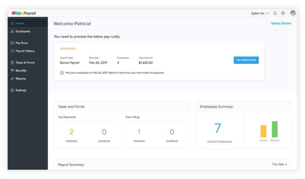 zoho payroll ease of use screenshot