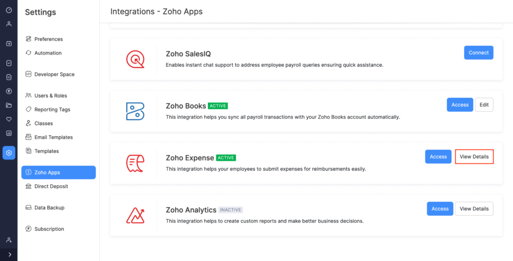 zoho payroll integrations screenshot