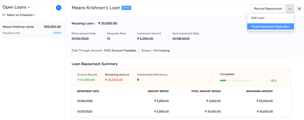 zoho payroll loan management screenshot