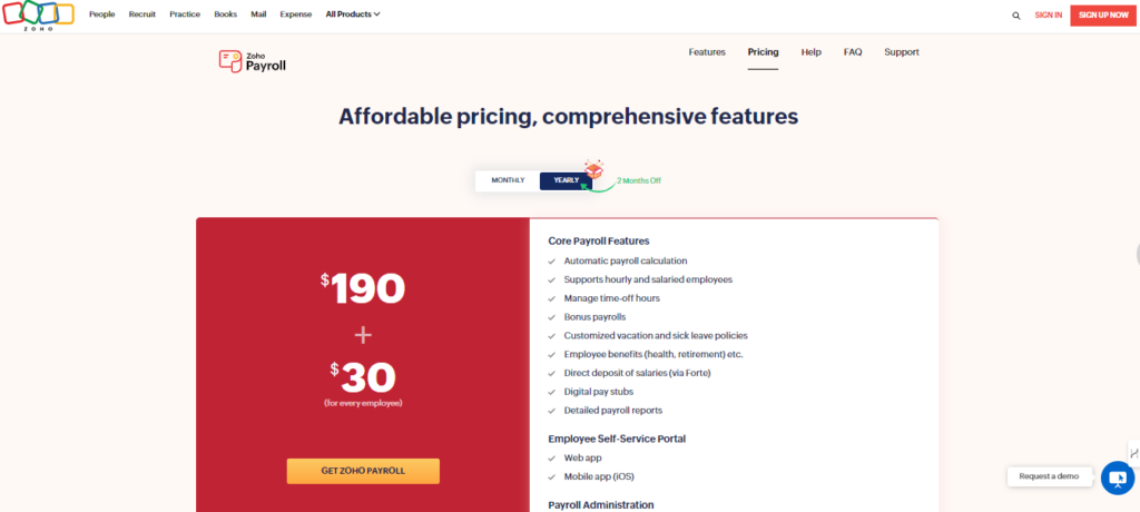 zoho payroll pricing screenshot