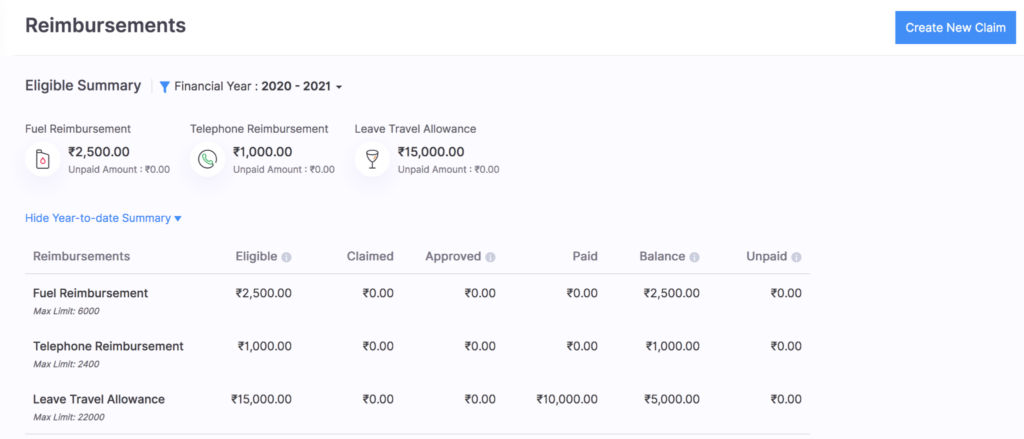 zoho payroll reimbursement claims screenshot