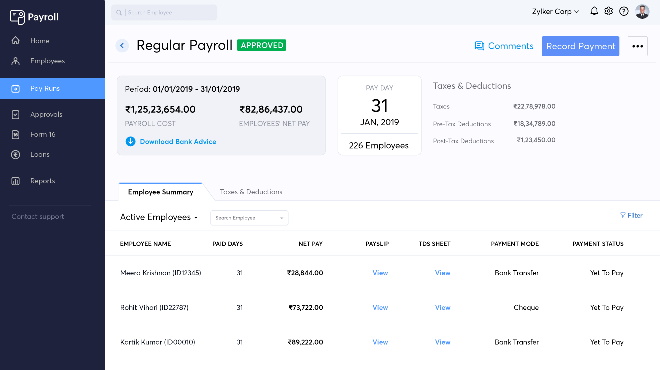 zoho payroll review payroll processing screenshot