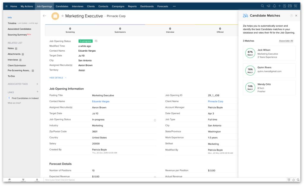 zoho recruit industry specific features screenshot