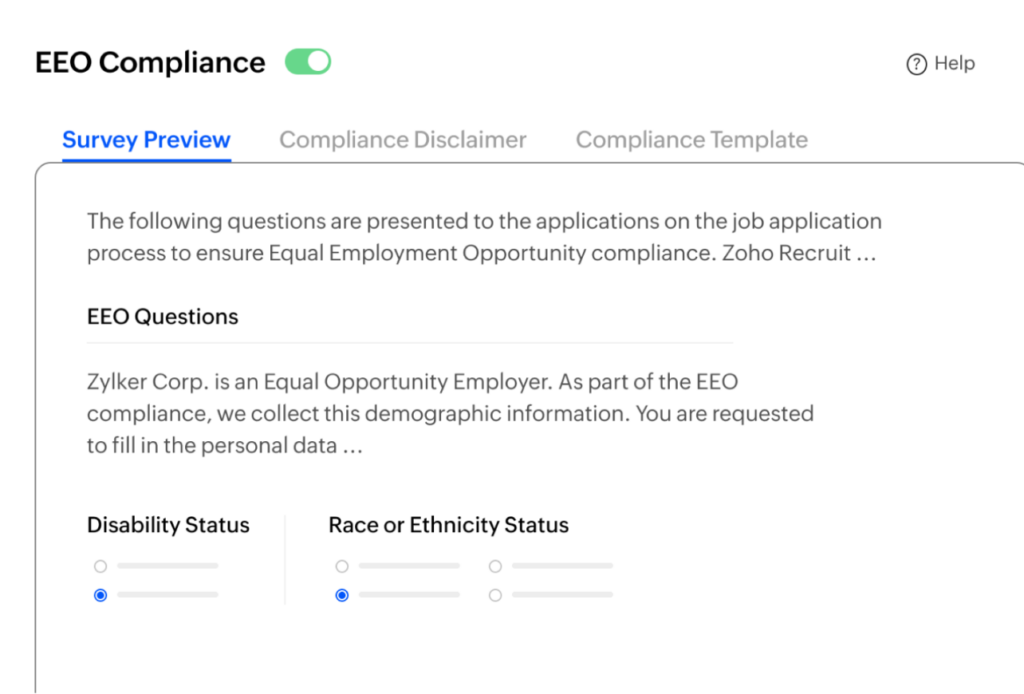 Zoho Recruit's EEO compliance feature