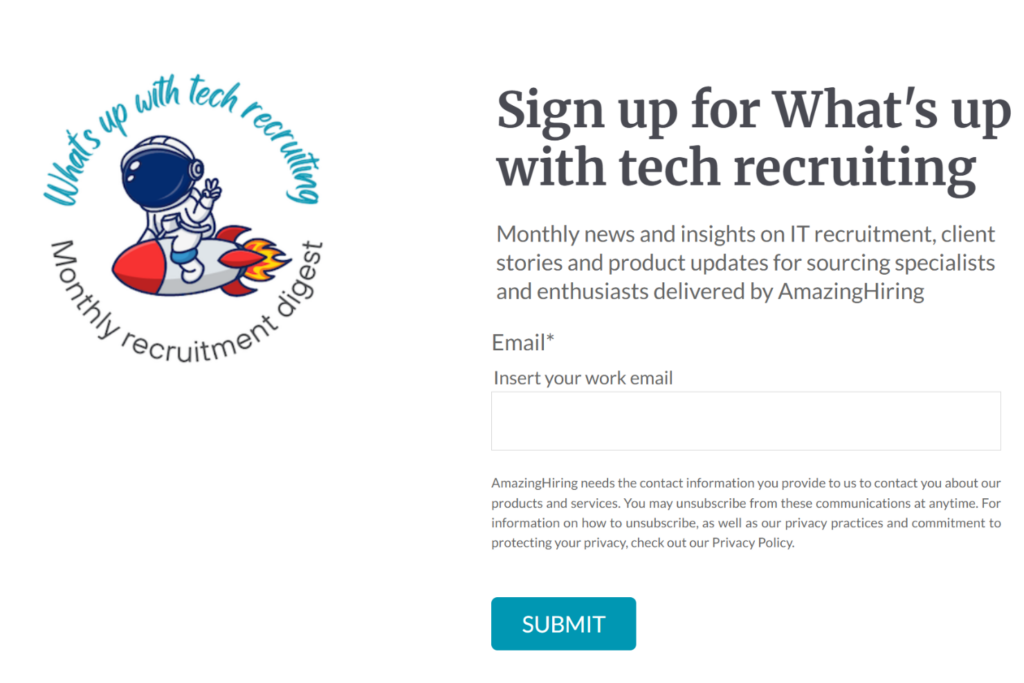 AmazingHiring newsletter signup page for monthly tech recruiting updates