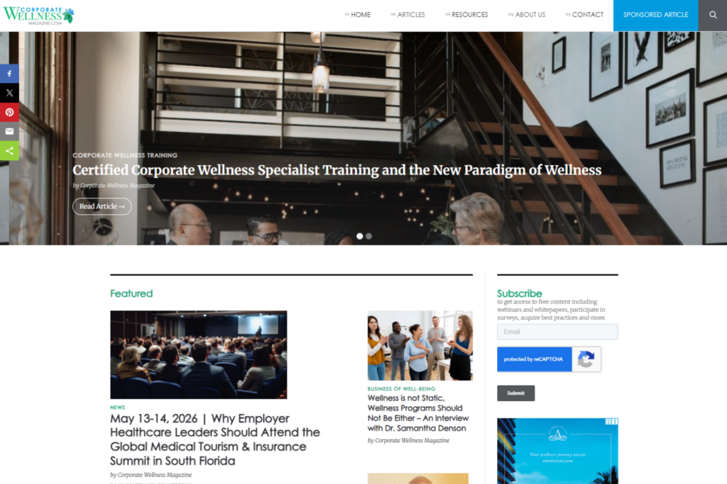 Corporate Wellness Magazine homepage displaying wellness articles, featured stories, and subscription form