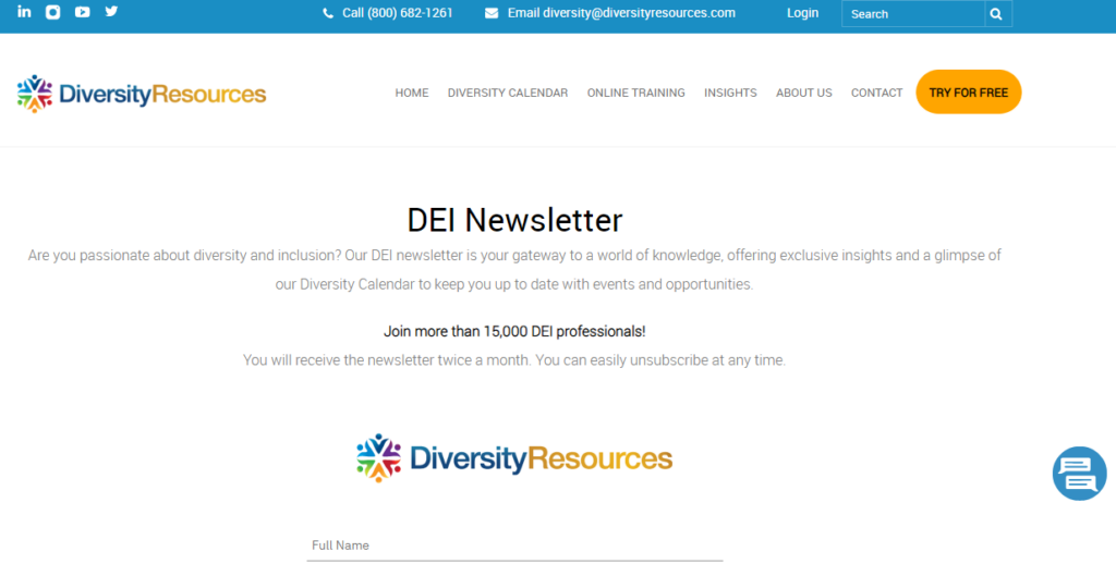 Website screenshot of Diversity Resources
