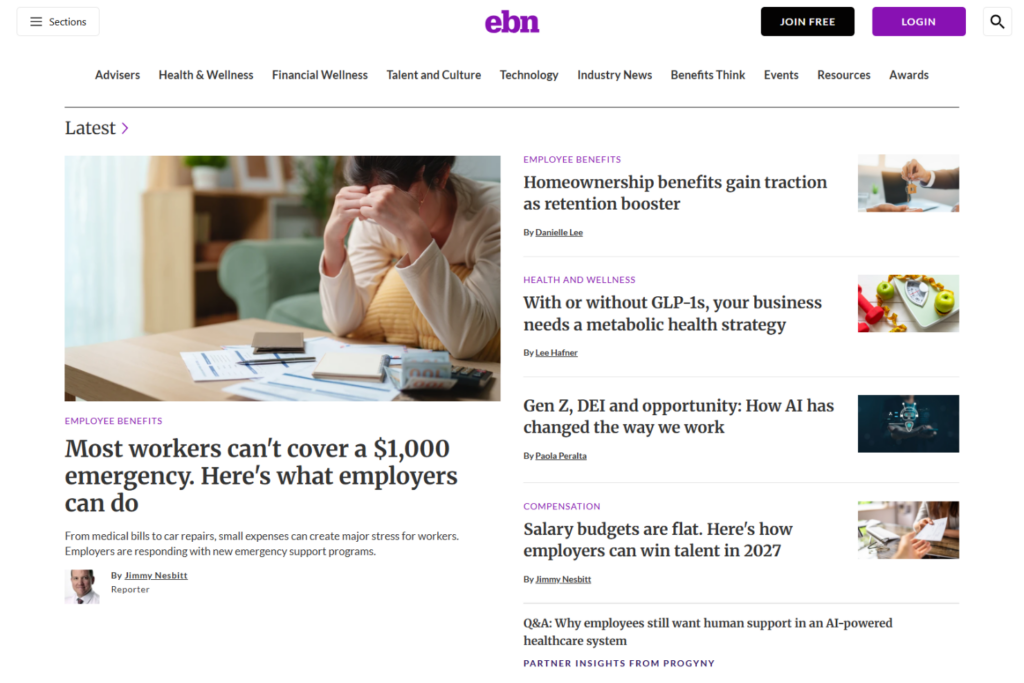 EBN website showing employee benefits articles, wellness topics, and industry news