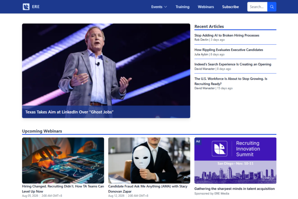 ERE homepage with recruiting news, featured articles, and upcoming webinars