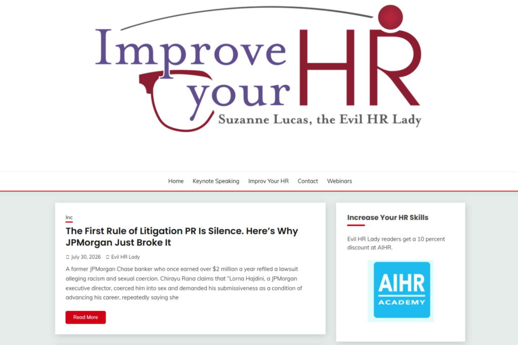 Evil HR Lady homepage featuring HR advice articles and workplace topics
